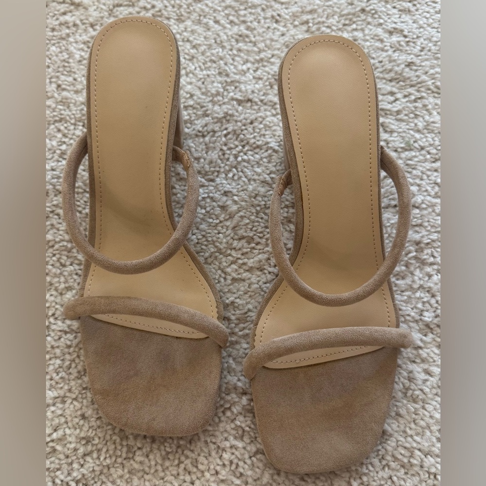 Minimal Nude Suede Double-Strap Block Heel Sandals - Women